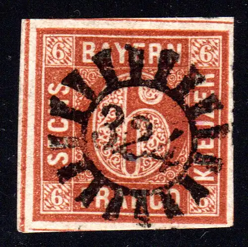 Bayern, allseits breitrandige 6 Kr. Pl.3 m. zentrischem MR 324