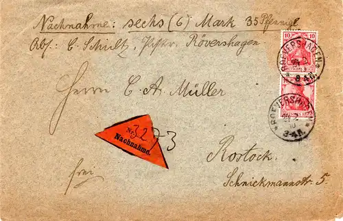 DR 1910, Paar 10 Pf. hellrot auf Nachnahme Brief m. Mecklenburg-K1 ROEVERSHAGEN