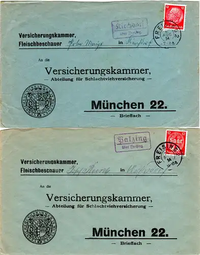 DR 1934, Landpost Stpl. KIRCHDORF u. PALZING auf 2 Briefen v. Freising