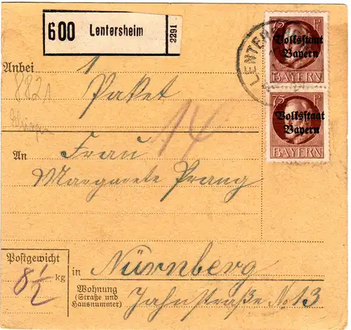 Bayern 1920, MeF 2x75 Pf. Volksstaat auf Paketkarte v. LENTERSHEIM