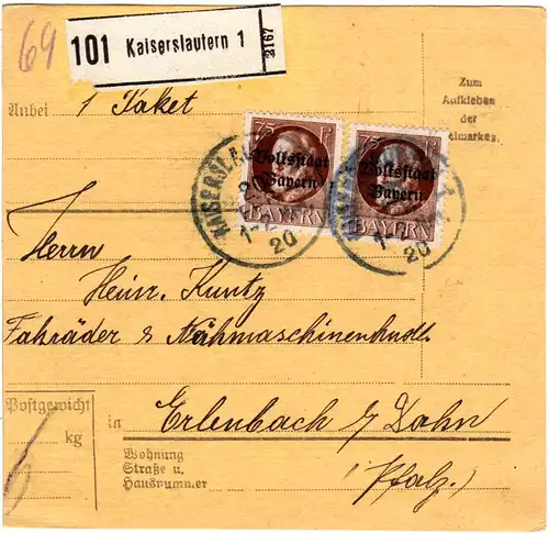 Bayern 1920, MeF 2x75 Pf. Volksstaat auf Paketkarte KAISERSLAUTERN - Erlenbach