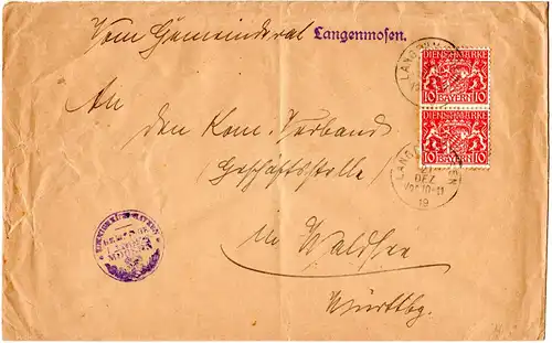 Bayern 1919, MeF 2x10 Pf. Dienst auf Gemeiderats Brief v. LANGENMOSEN