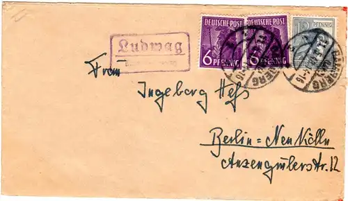 1948, Landpost Stpl. LUDWAG über Bamberg auf Brief m. 3 Marken