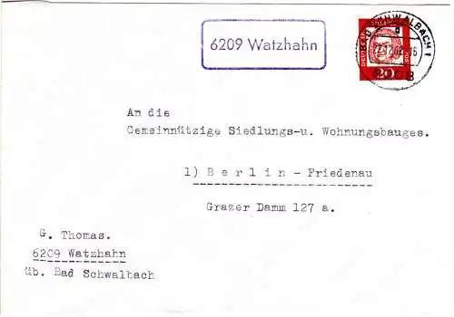 BRD 1962, Landpost Stpl. 6209 WATZHAHN auf Brief m. 20 Pf. v. Schwalbach