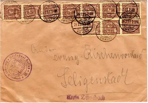 DR 1923, MeF 10x5 Mk. auf Brief v. OFFENBACH m. Siegelstpl. Volksstaat Hessen