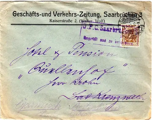 DR 1915, 3 Pf. auf Zeitungs Brief m. Zensur-R2 G.P.C. Saarbrücken