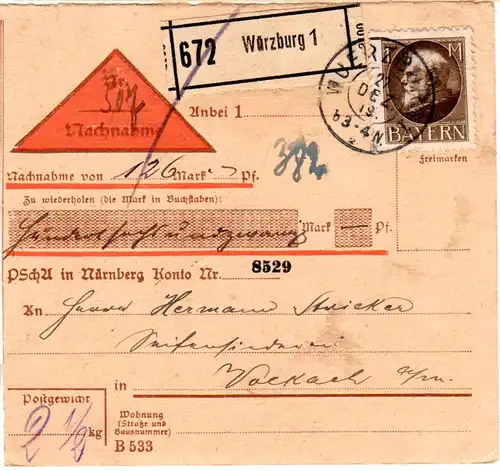 Bayern 1919, EF 1 Mk. auf Nachnahme Paketkarte v. Würzburg n. Volkach