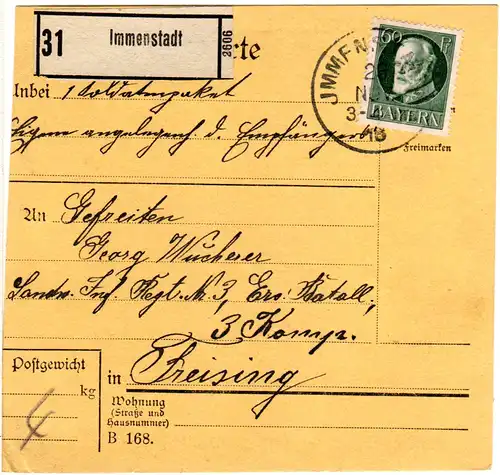 Bayern 1918, EF 60 Pf. auf Paketkarte v. IMMENSTADT