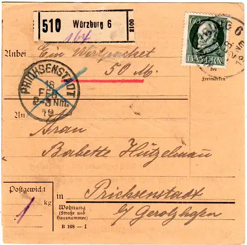 Bayern 1919, EF 60 Pf. auf Wert Paketkarte v. Würzburg 6 n. Prichsenstadt