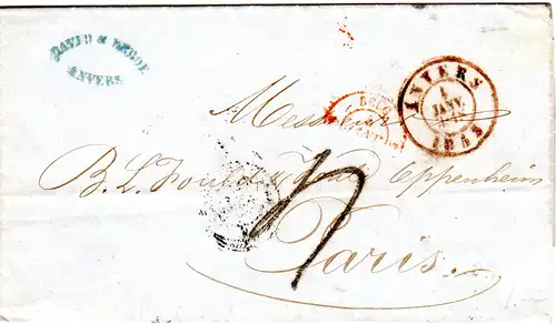 Belgien 1853, K2 ANVERS auf Brief n. Paris m. Frankreich Porto Stpl. "4"