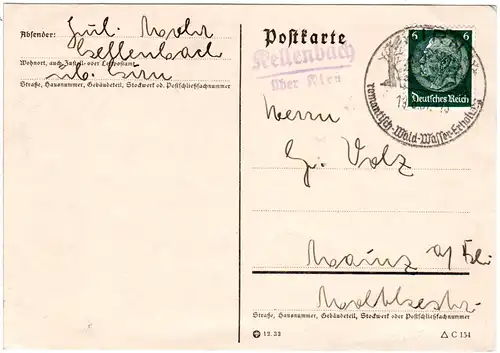 DR 1937, Landpost Stpl. KELLENBACH über Kirn auf Karte m. 6 Pf.