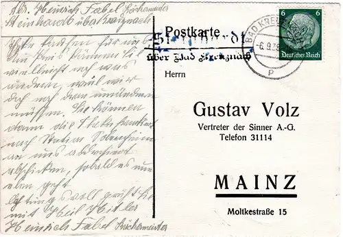 DR 1938, Landpost Stpl. STEINHARDT über Bad Kreznach auf Karte m. 6 Pf.
