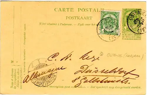 Belgien 1905, K1 OSTENDE (KURSAAL) auf Ganzsache m. Zusatzfr. n. Deutschland