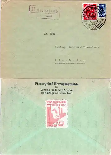 BRD 1953, Landpost Stpl. UNTEROBLAND über Schongau auf Brief m. rs. Vignette