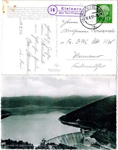 BRD 1957, Landpost Stpl. 16 KLEINERN über Bad Wildungen auf AK Staudamm.