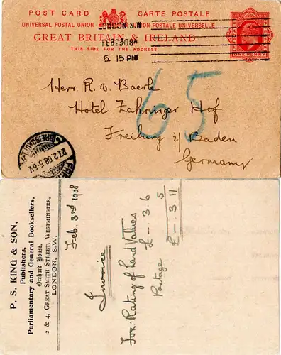 GB 1908, 1d Ganzsache v. London  m. rs. Verlags u. Buchhandel Zudruck
