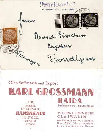 DR 1939, 3+Paar 1 Pf. auf Reklame Karte v. Haida Sudeten + Bahnpost n. Norwegen 