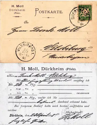 Bayern 1898, Firmenkarte m. 5 Pf. u. Pfalz-K1 DUERKHEIM