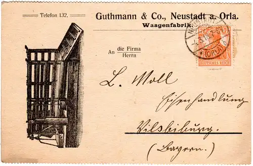 DR 1918, 7 1/2 Pf. auf attraktiver Karte d. Fa. Guthmann v. NEUSTADT (Orla).
