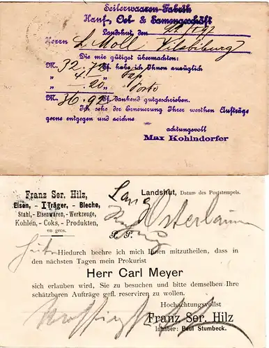 Bayern, Korrespondenz v. 5 Firmen Briefen u. Karten v. Landshut n. Vilsbiburg. 