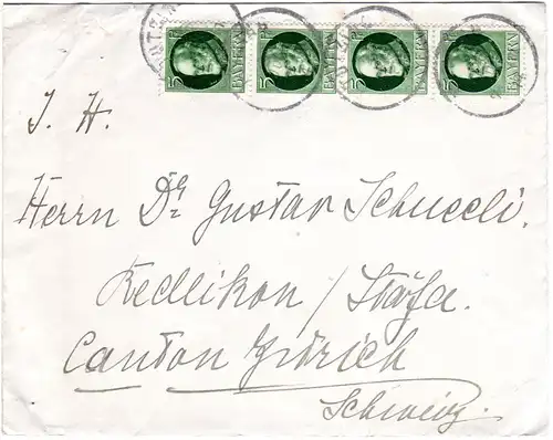 Bayern 1914, MeF 4x5 Pf. Ludwig auf Brief v. TUTZING i.d. Schweiz