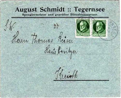 Bayern 1915, 2x5 Pf. Ludwig auf Firmen Brief v. TEGERNSEE 2 n. Kreuth