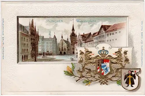 München, Marienplatz u. Wappen, ungebr. Präge-Farb-Litho-AK