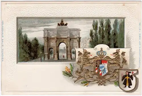 München, Siegestor u. Wappen, ungebr. Präge-Farb-Litho-AK