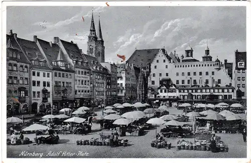 Nürnberg, Adolf Hitler Platz m. Markt u. Geschäften, 1938 gebr. sw-AK