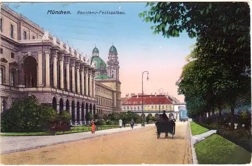 München, Residenz Festsaalbau m. Pferde Kutsche, 1923 gebr. Farb-AK