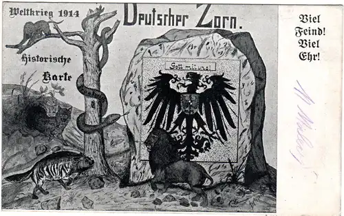 WK I, DEUTSCHER ZORN, Viel Feind Viel Ehr!, 1915 gebr. sw-AK