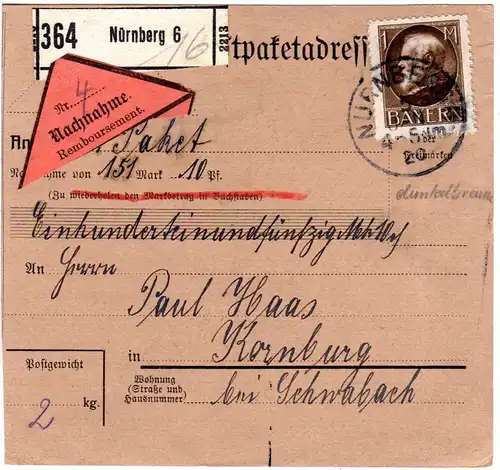 Bayern 1920, 1 Mk. auf Nachnahme Paketkarte v. Nürnberg n. Kornburg b. Schwabach