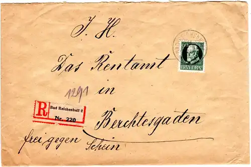 Bayern 1920, EF 60 Pf auf Einschreiben Brief v. Bad Reichenhall n. Berchtesgaden