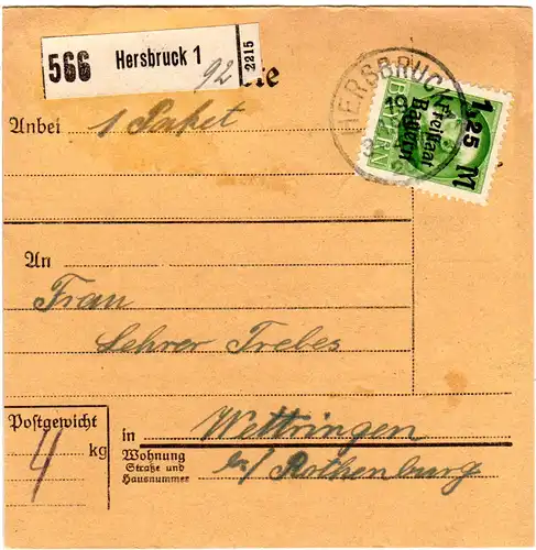 Bayern 1920, EF 1,25/1 Mk. auf Paketkarte v. HERSBRUCK