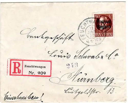 Bayern 1920, EF 50 Pf. Freistaat auf Einschreiben Brief v. FEUCHTWANGEN