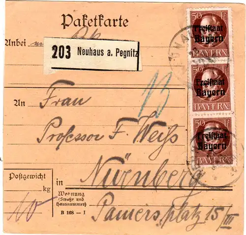 Bayern 1920, MeF 3x50 Pf. Freistaat auf Paketkarte v. NEUHAUS a. Pegnitz