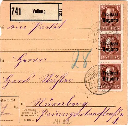 Bayern 1920, MeF 3x50 Pf. Freistaat auf Paketkarte v. VELBURG