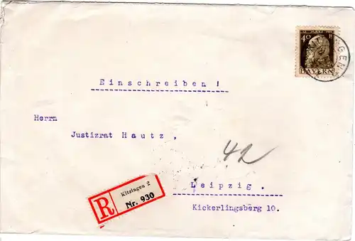Bayern 1914, 40 Pf. auf Einschreiben Brief v. KITZINGEN 2