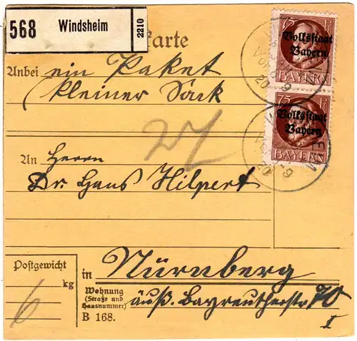 Bayern 1920, MeF 2x75 Pf. Volksstaat auf Paketkarte v. WINDSHEIM