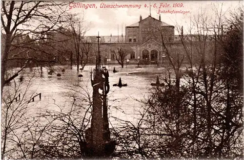 Göttingen, Überschwemmung 1909 mit Bahnhof, ungebr. sw-AK