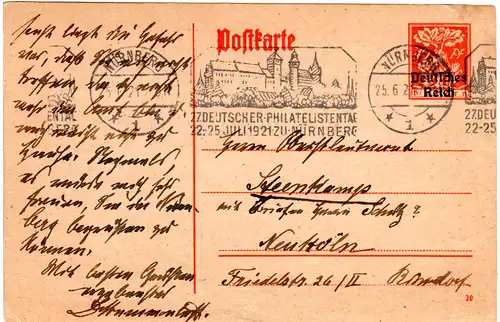 DR 1921, Maschinen Stpl. Nürnberg 27. Dt. Philatelistentag auf 15 Pf. Ganzsache