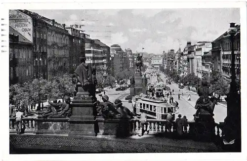 Tschechoslowakei, Prag, Wenzelsplatz m. Tram Bahn, 1940 gebr. sw-AK