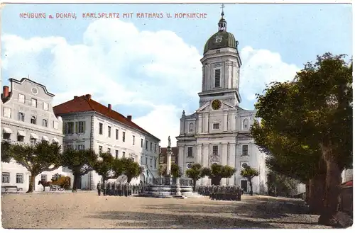 Neuburg a.d. Donau, Karlsplatz m. Rathaus, 1916 per Feldpost gebr. Farb-AK