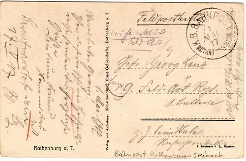 Rothenburg, 1917 per Feldpost m. Bayern K.B. Bahnpost R-Steinach gebr. sw-AK