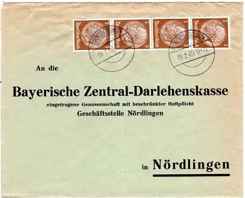 DR 1940, MeF 4x3 Pf. auf Brief v. MÖNCHSDEGGINGEN