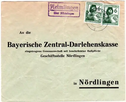 DR 1943, Landpost Stpl. REIMLINGEN über Nördlingen auf Brief m. MeF 2x6 Pf. 