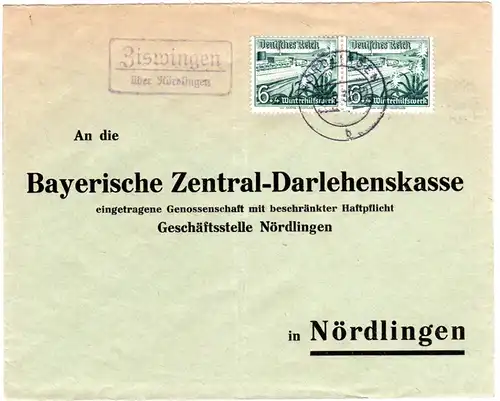 DR 1938, Landpost Stpl. ZISWINGEN über Nördlingen auf Brief m. MeF 2x6 Pf. WHW