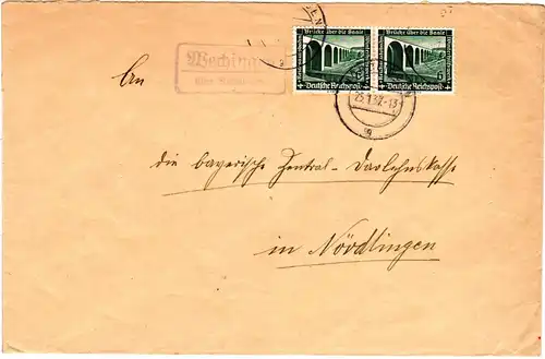 DR 1937, Landpost Stpl. Wechingen über Nördlingen auf Brief m. MeF 2x6 Pf. WHW