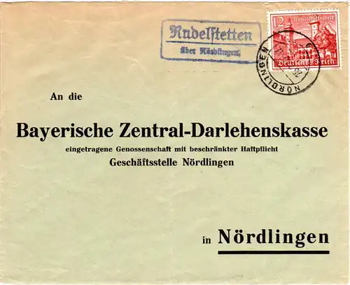 DR 1940, Landpost Stpl. RUDELSTETTEN über Nördlingen auf Brief m. 12 Pf. WHW