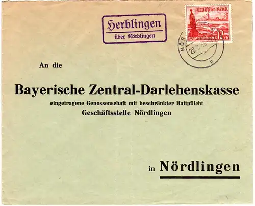 DR 1938, Landpost Stpl. HERBLINGEN über Nördlingen auf Brief m. 12 Pf. WHW